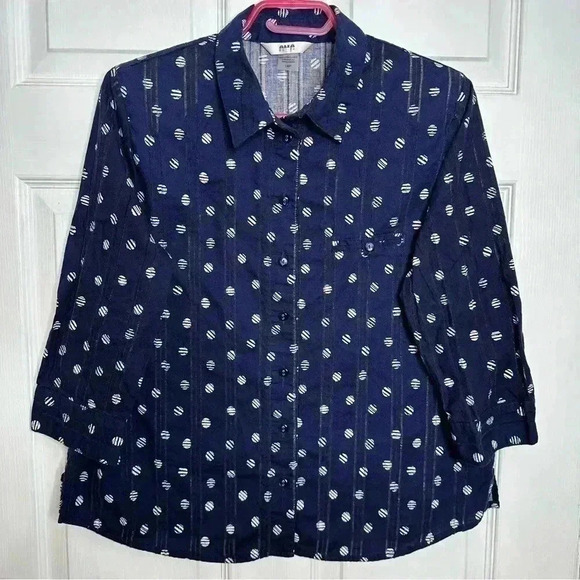 Alia Petites Blouse Button-Up Collared Shoulder  Pads Blue & White Size 14P - Picture 1 of 16